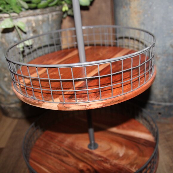 NEW Large Rustic 17.75" Iron & Wood Tiered Farmhouse Basket Stand - Picture 5 of 8